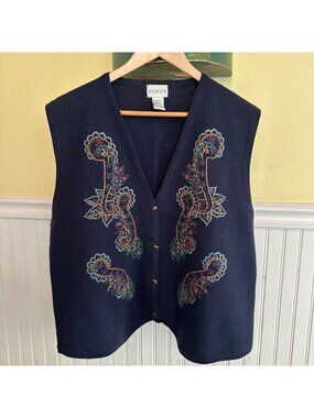 Koret Navy Wool Embroidered Paisley Womens Vest Size L